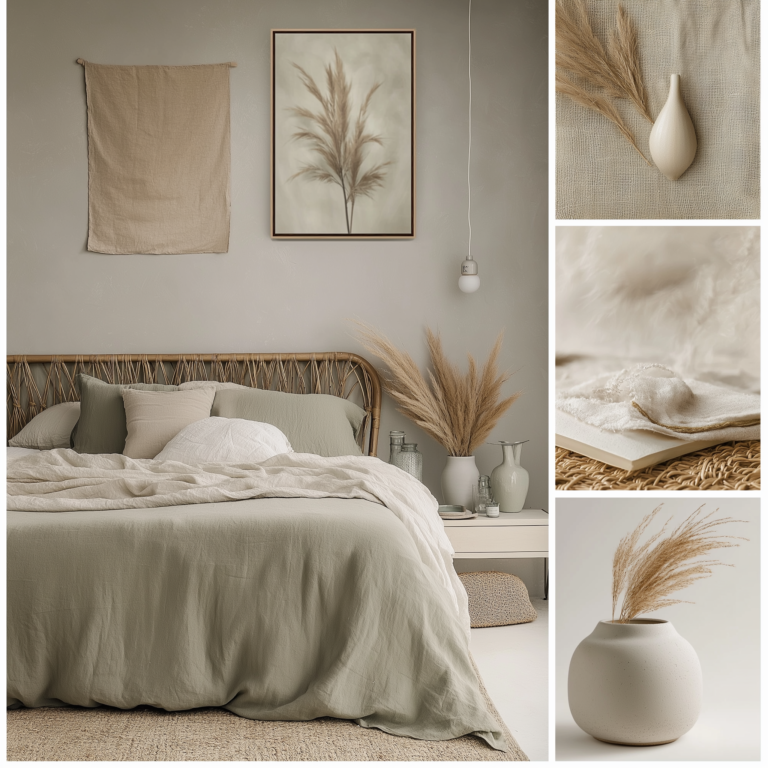 Mood board showcasing sage green boho bedroom decor ideas with natural textures and calming colors